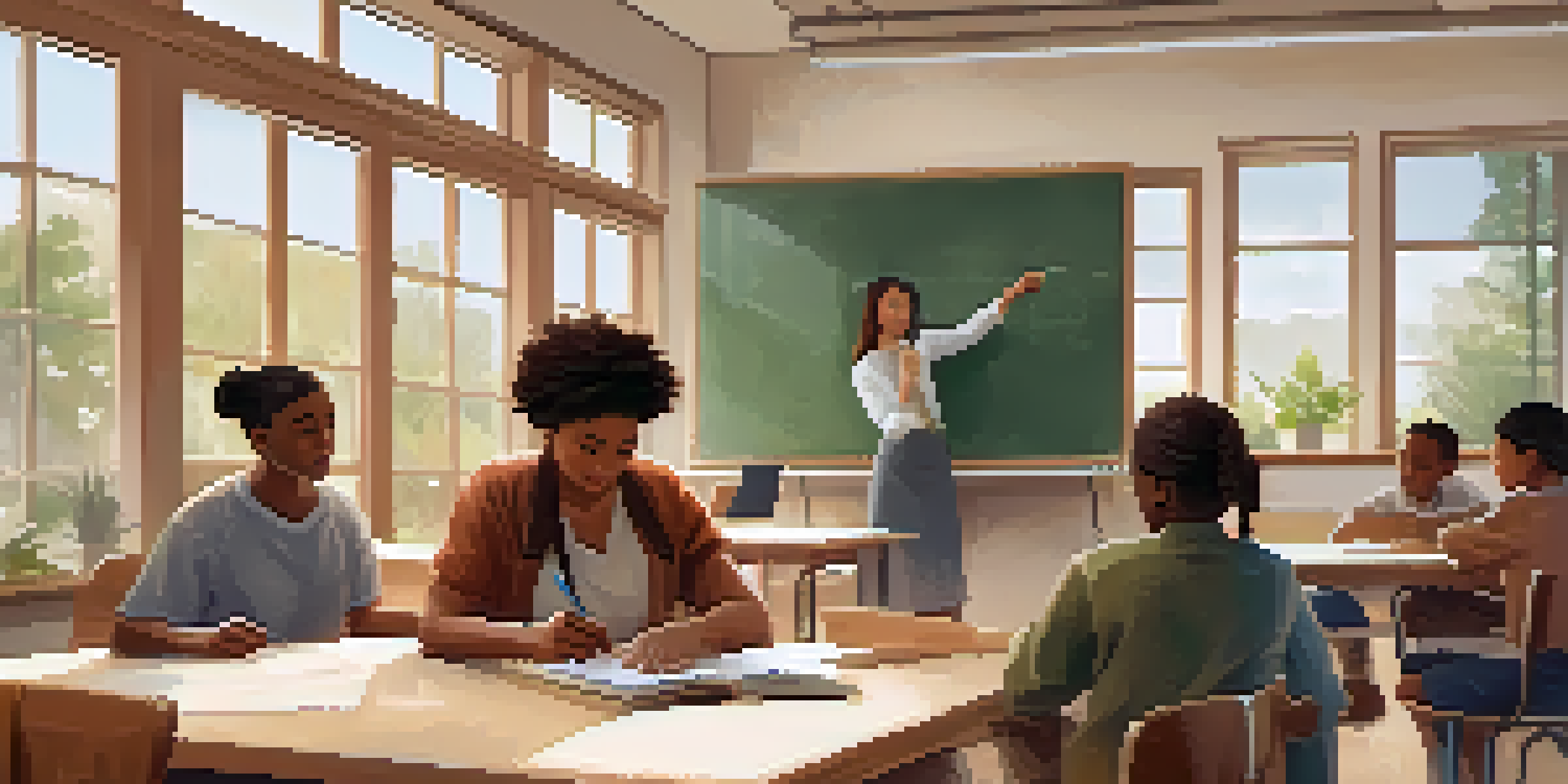 A mentor and a new teacher discussing a lesson plan in a sunlit classroom filled with plants and educational posters.