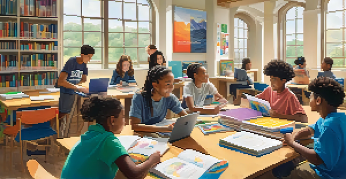A diverse group of students working together in a bright classroom filled with books and laptops, surrounded by motivational posters.