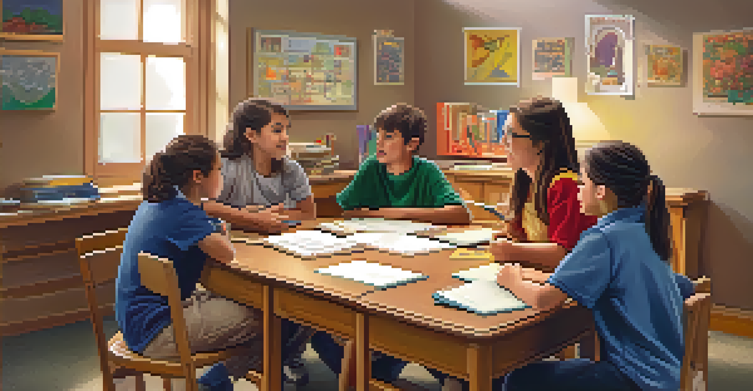 An educator supervising students engaged in a role-playing exercise in a warm, inviting classroom.