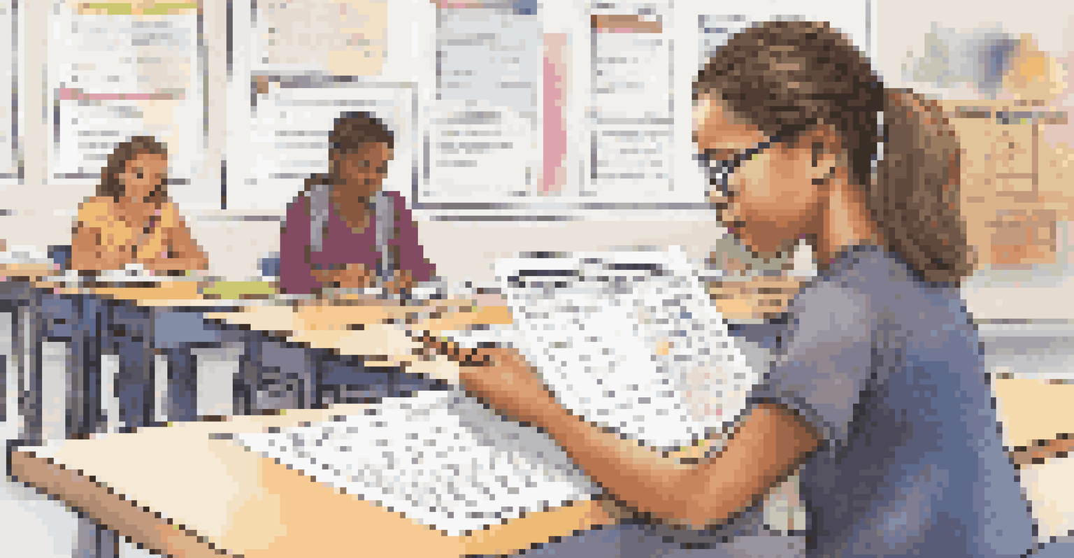 A close-up of a student completing an anonymous feedback form in a vibrant classroom.