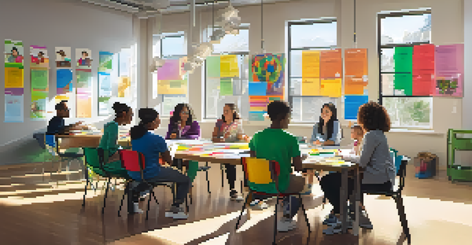 A diverse group of educators and students collaborating in a workshop, surrounded by educational posters and natural light.