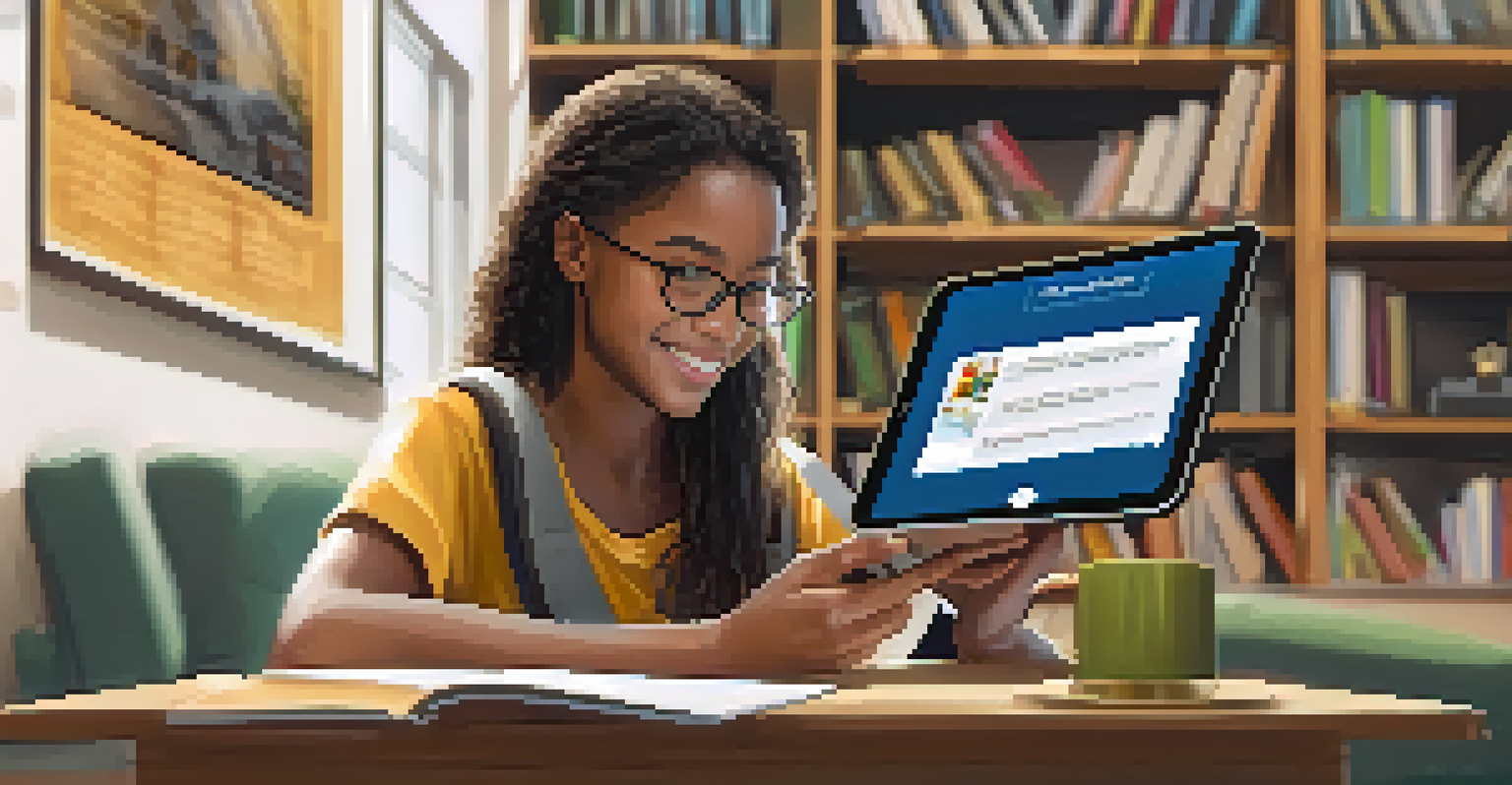 A student in a cozy study nook using a mobile device for peer assessment, smiling while giving feedback on a digital presentation.