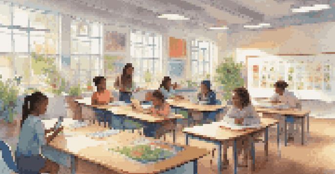 A bright classroom with diverse students using digital devices for learning, surrounded by educational posters and plants.