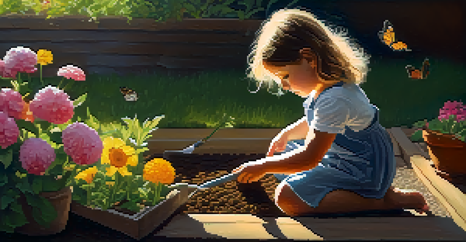 A child planting seeds in a garden, surrounded by flowers and butterflies in a sunny setting.