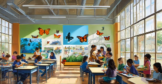 A lively classroom with students painting the life cycle of butterflies and conducting experiments, surrounded by colorful artwork.