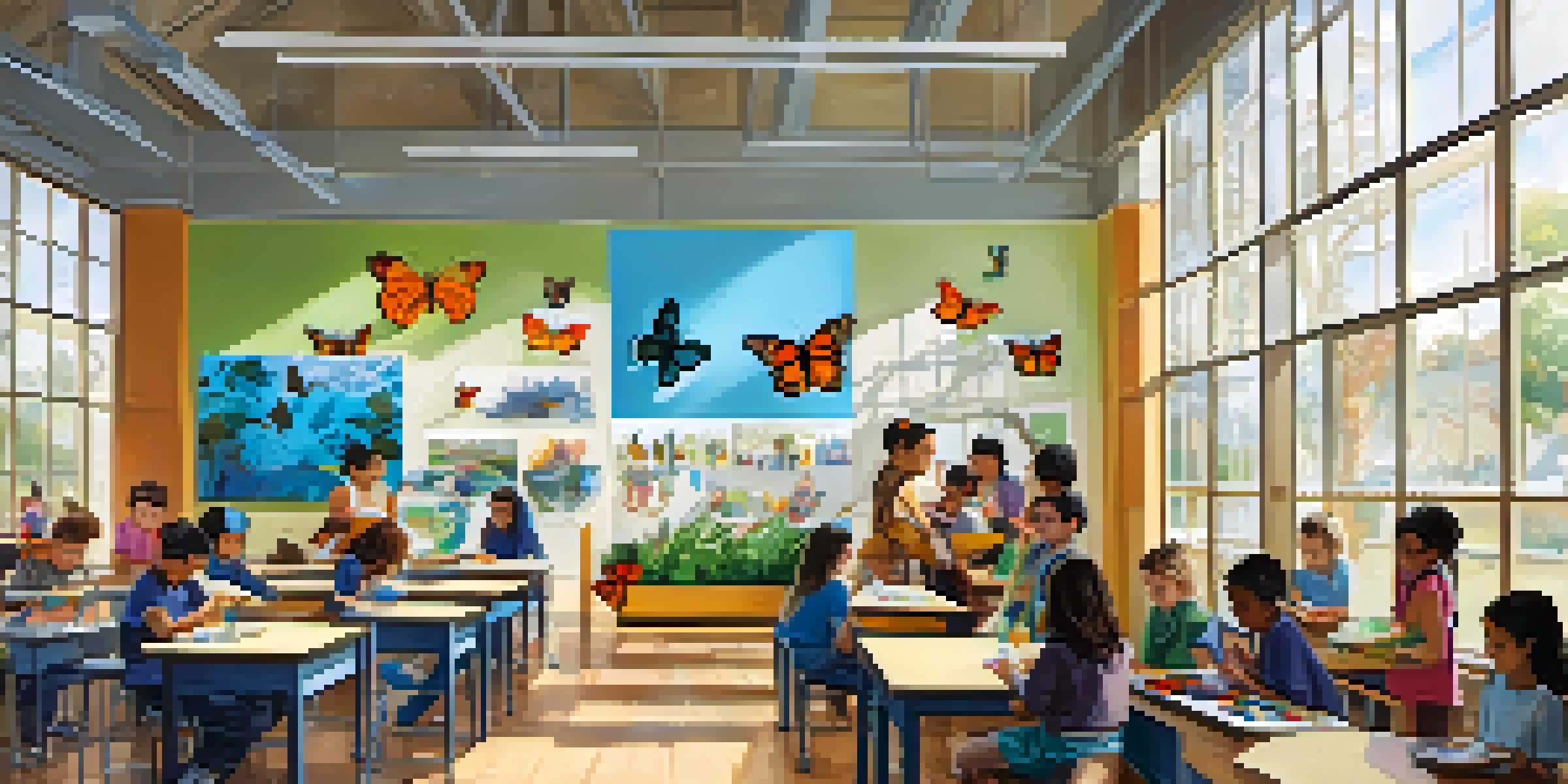 A lively classroom with students painting the life cycle of butterflies and conducting experiments, surrounded by colorful artwork.