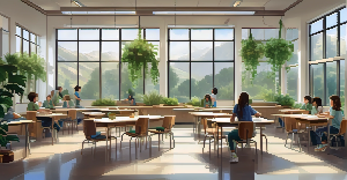 A tranquil classroom with natural light, comfortable seating, and students in a circle practicing silent reflection.