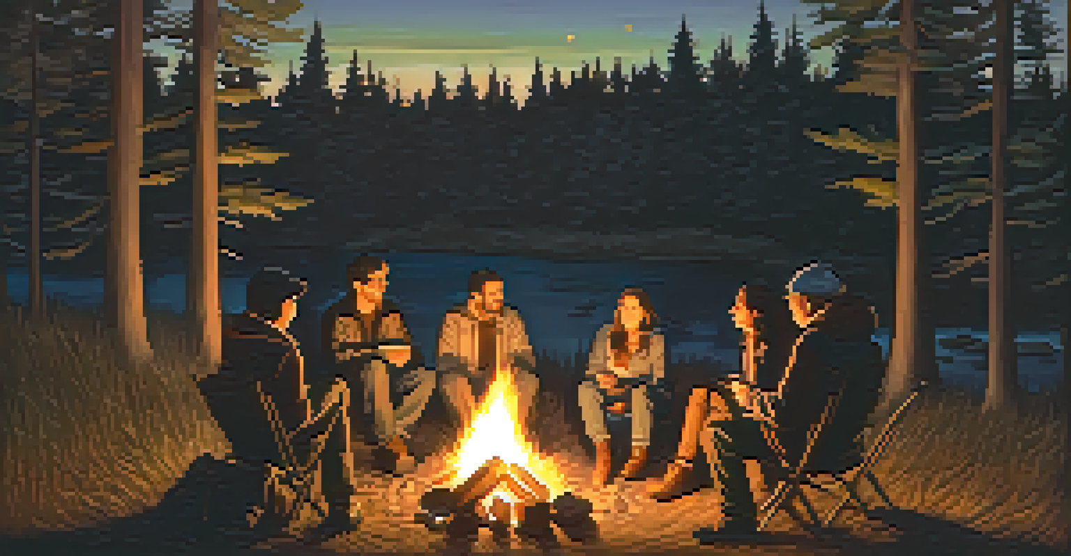 A cozy campfire scene at dusk with individuals sharing stories and laughter, surrounded by trees and a starry night sky.