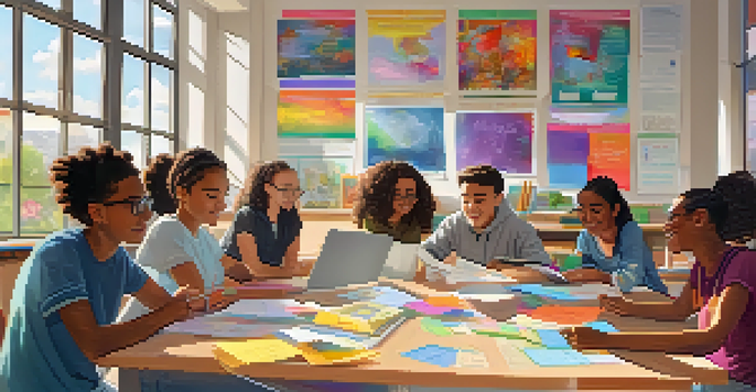 A diverse group of students working together on a project in a bright classroom, surrounded by books and laptops.