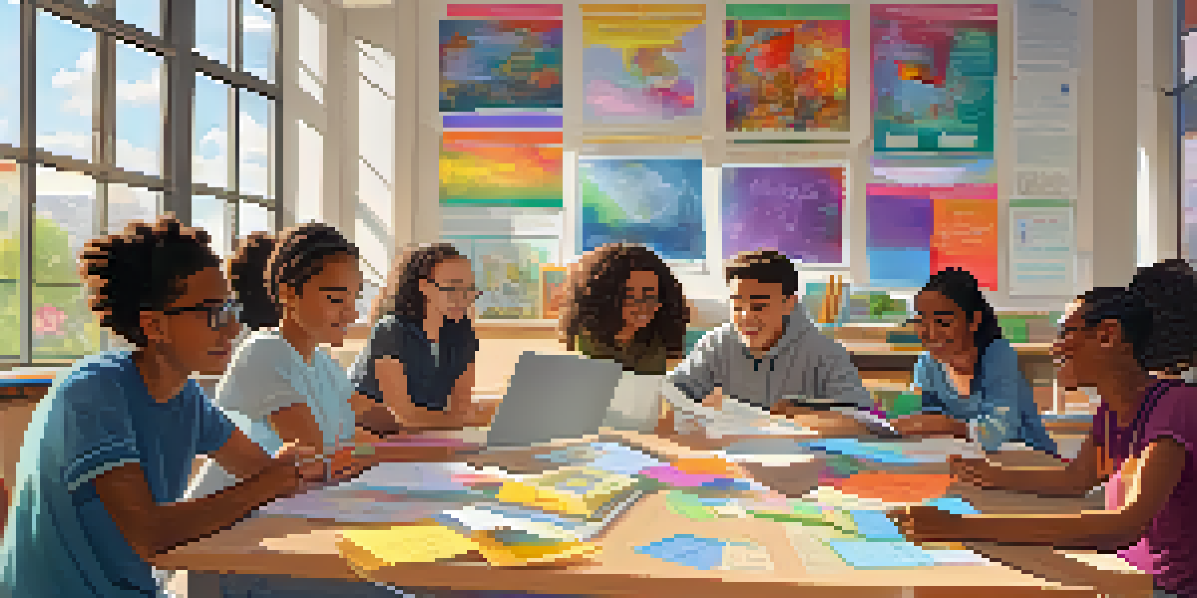 A diverse group of students working together on a project in a bright classroom, surrounded by books and laptops.