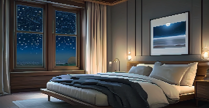 A cozy bedroom with soft lighting and a starry night sky visible through the window, creating a peaceful atmosphere for sleep.