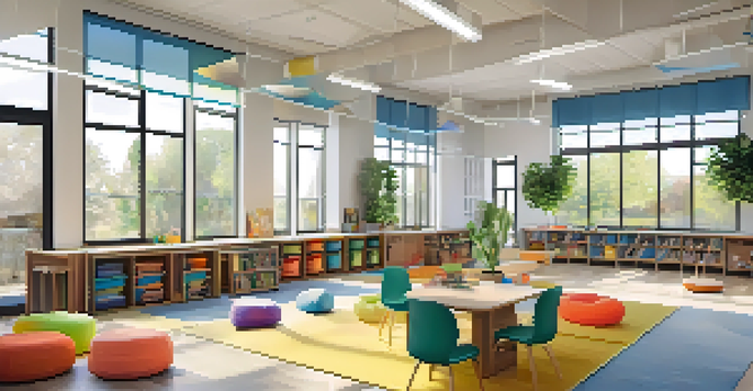 A vibrant classroom with natural light, flexible seating, and students collaborating on projects.
