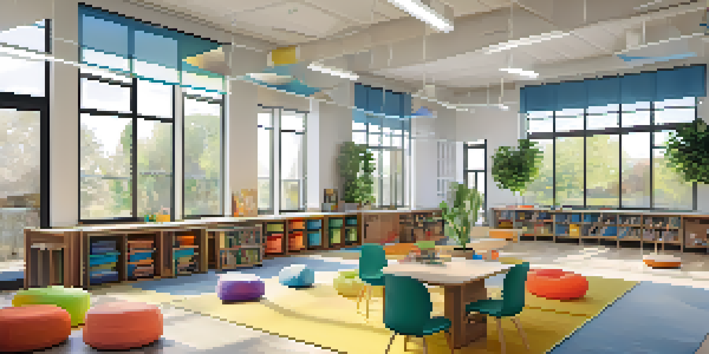 A vibrant classroom with natural light, flexible seating, and students collaborating on projects.