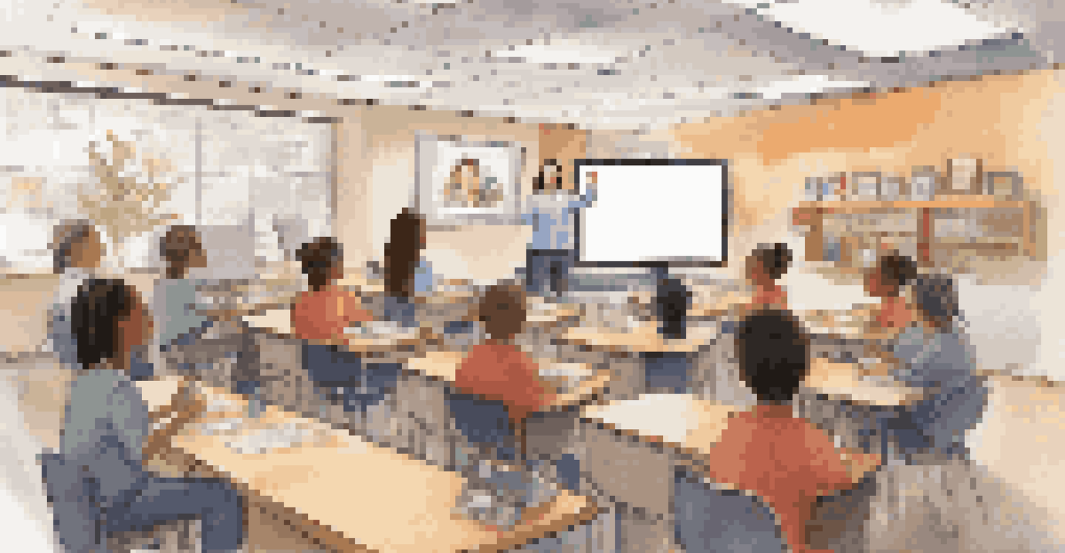 An educator conducting a virtual class with students displayed on the screen, surrounded by educational technology and resources.