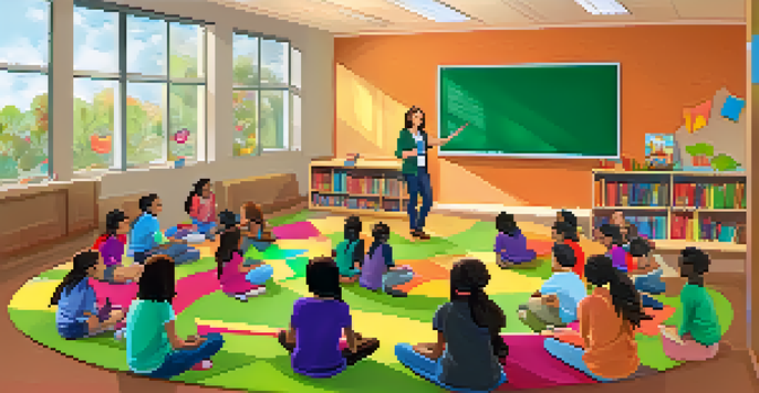 A classroom with a teacher and students engaging in a group discussion on a colorful rug, filled with educational materials and bright natural light.