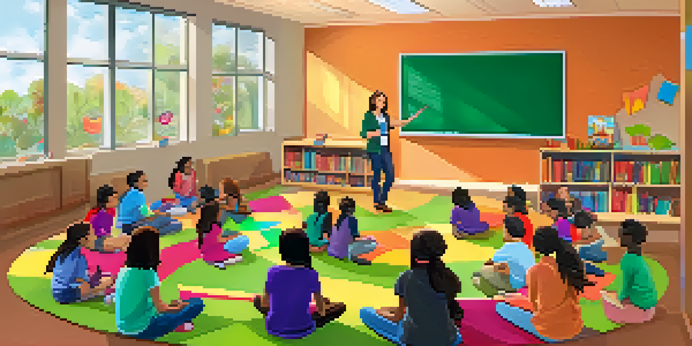 A classroom with a teacher and students engaging in a group discussion on a colorful rug, filled with educational materials and bright natural light.