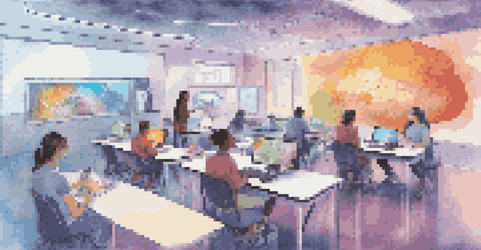 A futuristic classroom with students using virtual reality headsets and interactive screens, collaborating on a project.