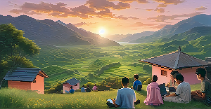 A peaceful remote village scene with people using mobile devices for learning, surrounded by green mountains under a sunset sky.