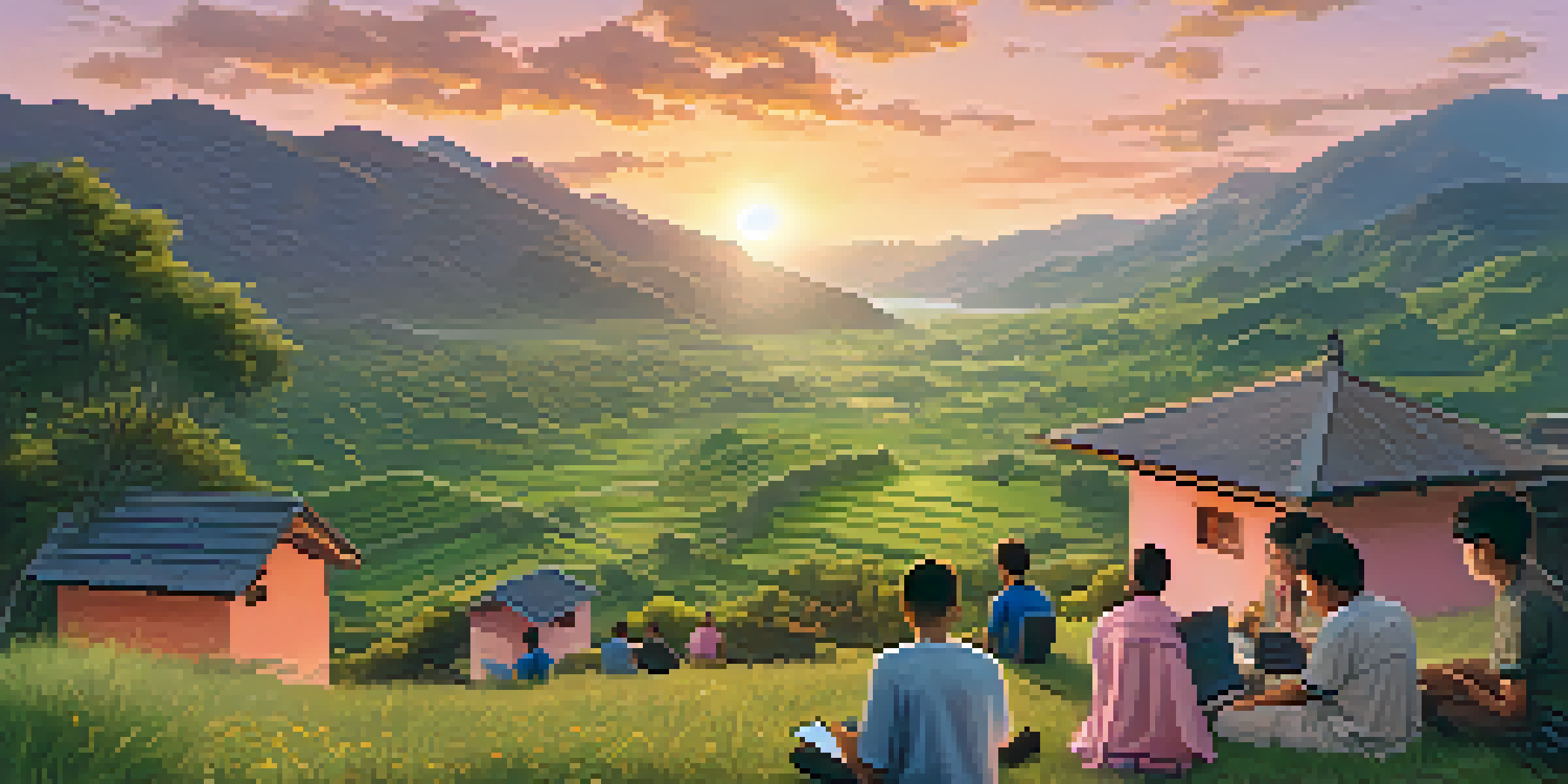 A peaceful remote village scene with people using mobile devices for learning, surrounded by green mountains under a sunset sky.
