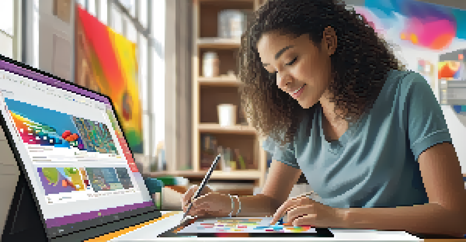 A student using a tablet for graphic design courses in a modern workspace filled with art supplies.