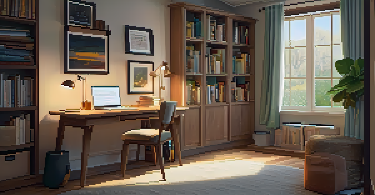 A warm and inviting home study space with a desk and laptop, perfect for online learning, overlooking a peaceful garden.