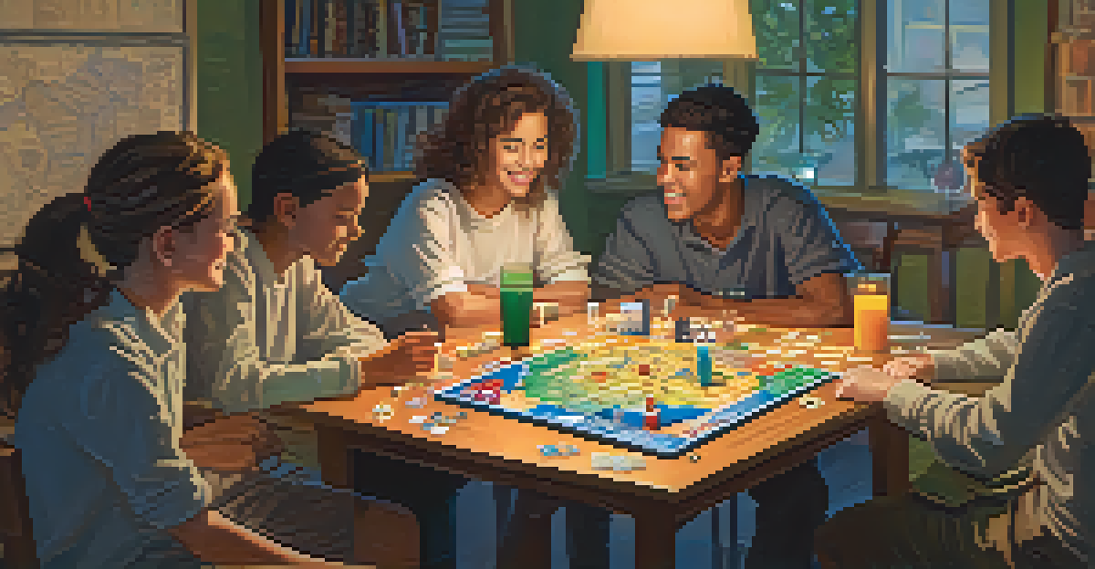 A small group of students gathered around a table engaged in a board game, showcasing teamwork and critical thinking in a cozy atmosphere.