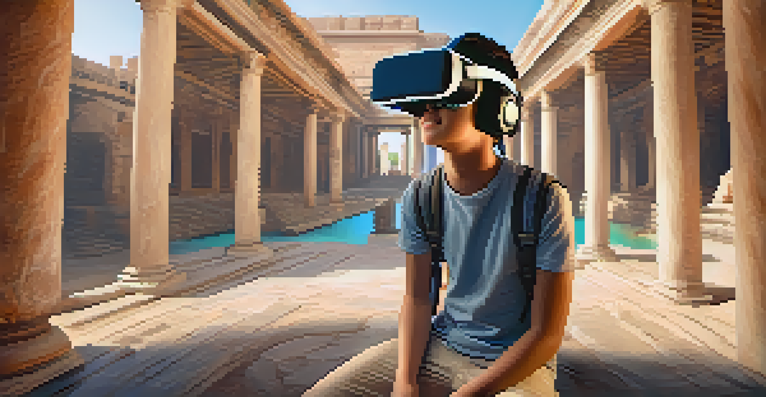 A student wearing a VR headset, immersed in a virtual historical environment, displaying a look of awe and engagement.