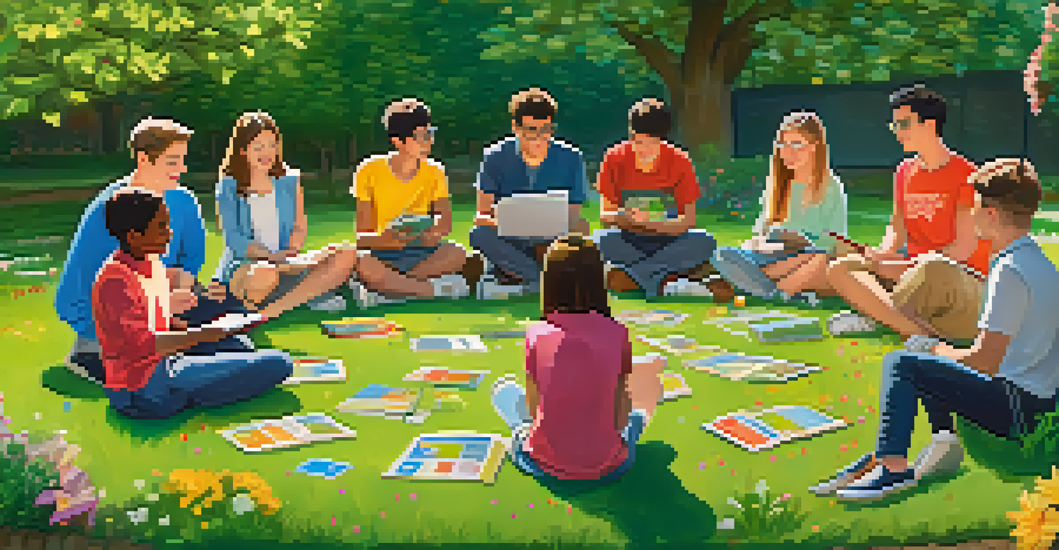 Students engaging in a language exchange outdoors, surrounded by augmented reality vocabulary games and interactive elements.