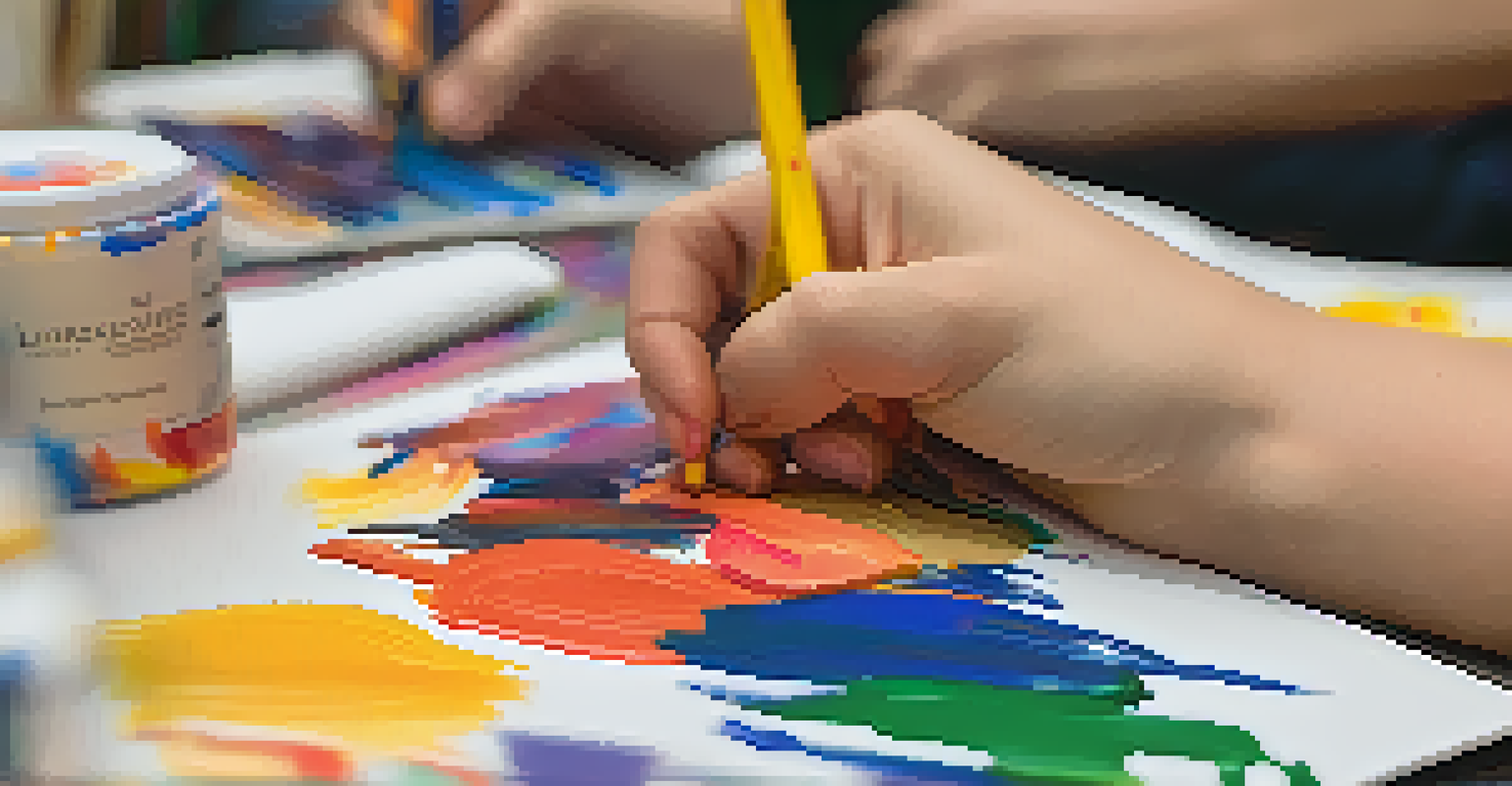 A close-up view of a student's hands painting an abstract design on a canvas, surrounded by colorful art supplies.