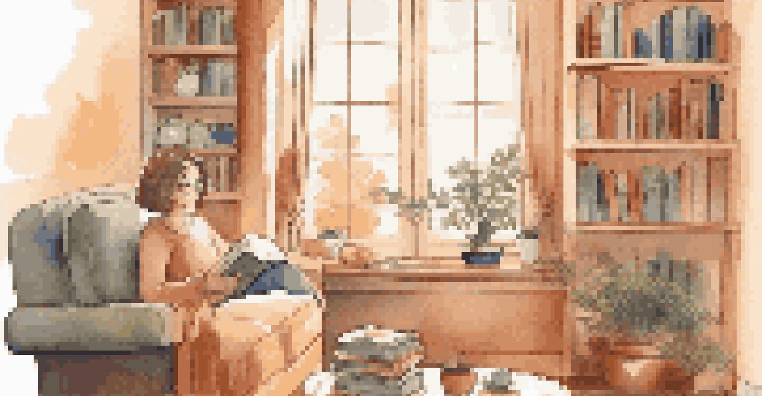 A relaxed educator in a cozy living room, enjoying tea and a sunny view outside.