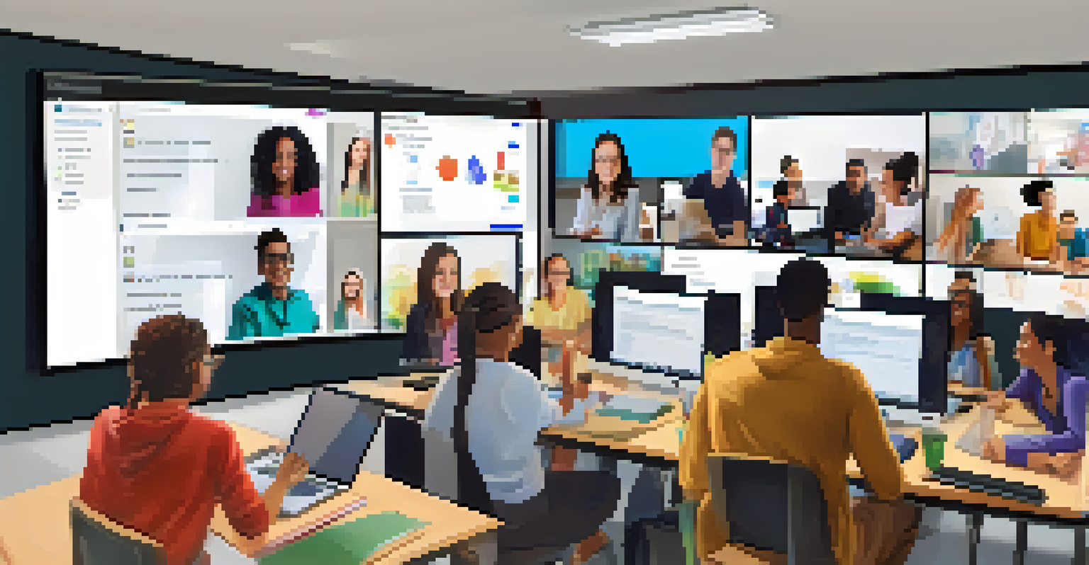 Students from various backgrounds collaborating in a virtual classroom setting through video chat, engaging in an online project.