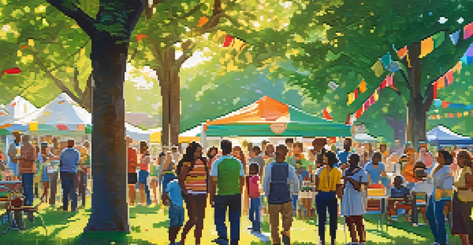 A diverse group of people in a park celebrating and displaying their Open Badges, surrounded by colorful decorations and a sunny atmosphere.