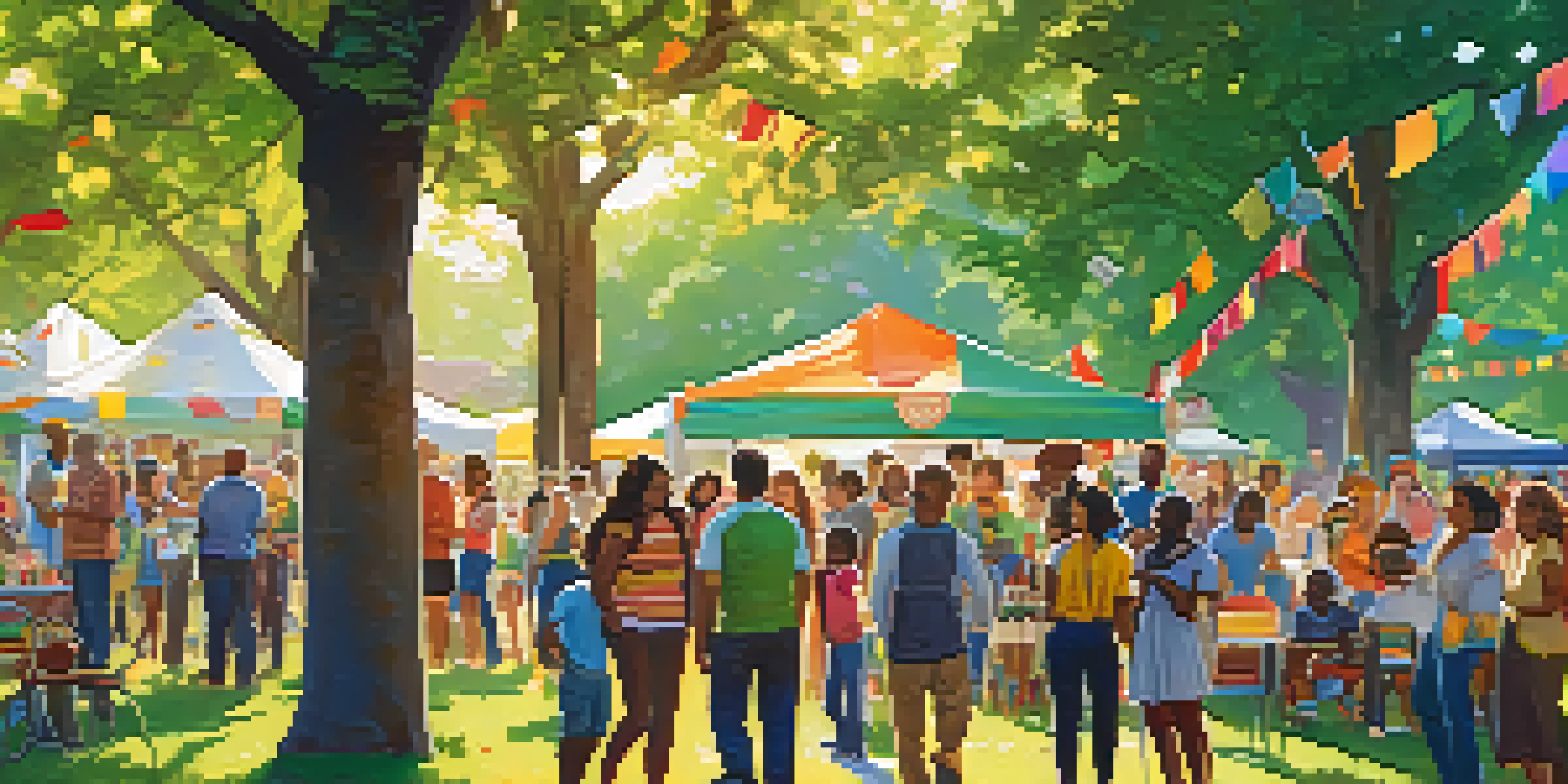 A diverse group of people in a park celebrating and displaying their Open Badges, surrounded by colorful decorations and a sunny atmosphere.