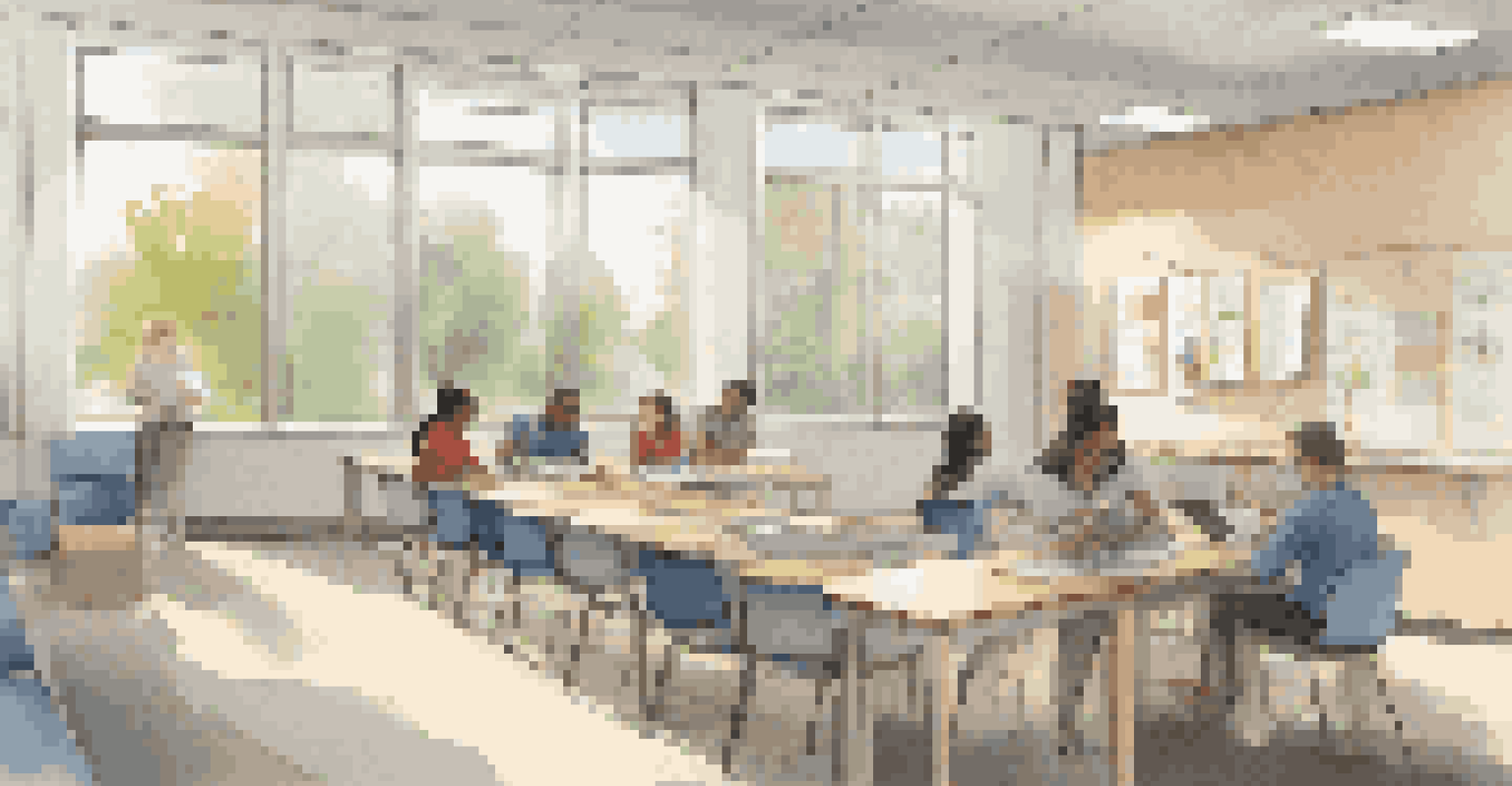A cozy study area with students discussing and reviewing materials, surrounded by natural light and visual aids on the walls.