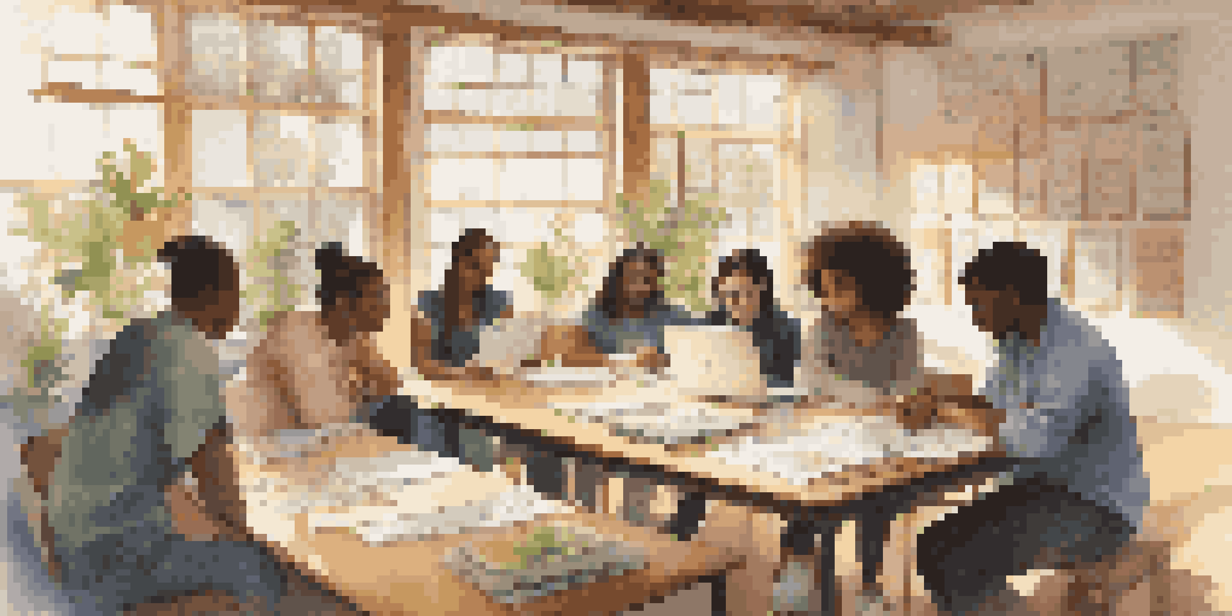 A group of diverse students collaborating at a table during a peer feedback session, surrounded by a bright and inviting classroom setting.