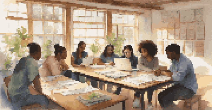A group of diverse students collaborating at a table during a peer feedback session, surrounded by a bright and inviting classroom setting.