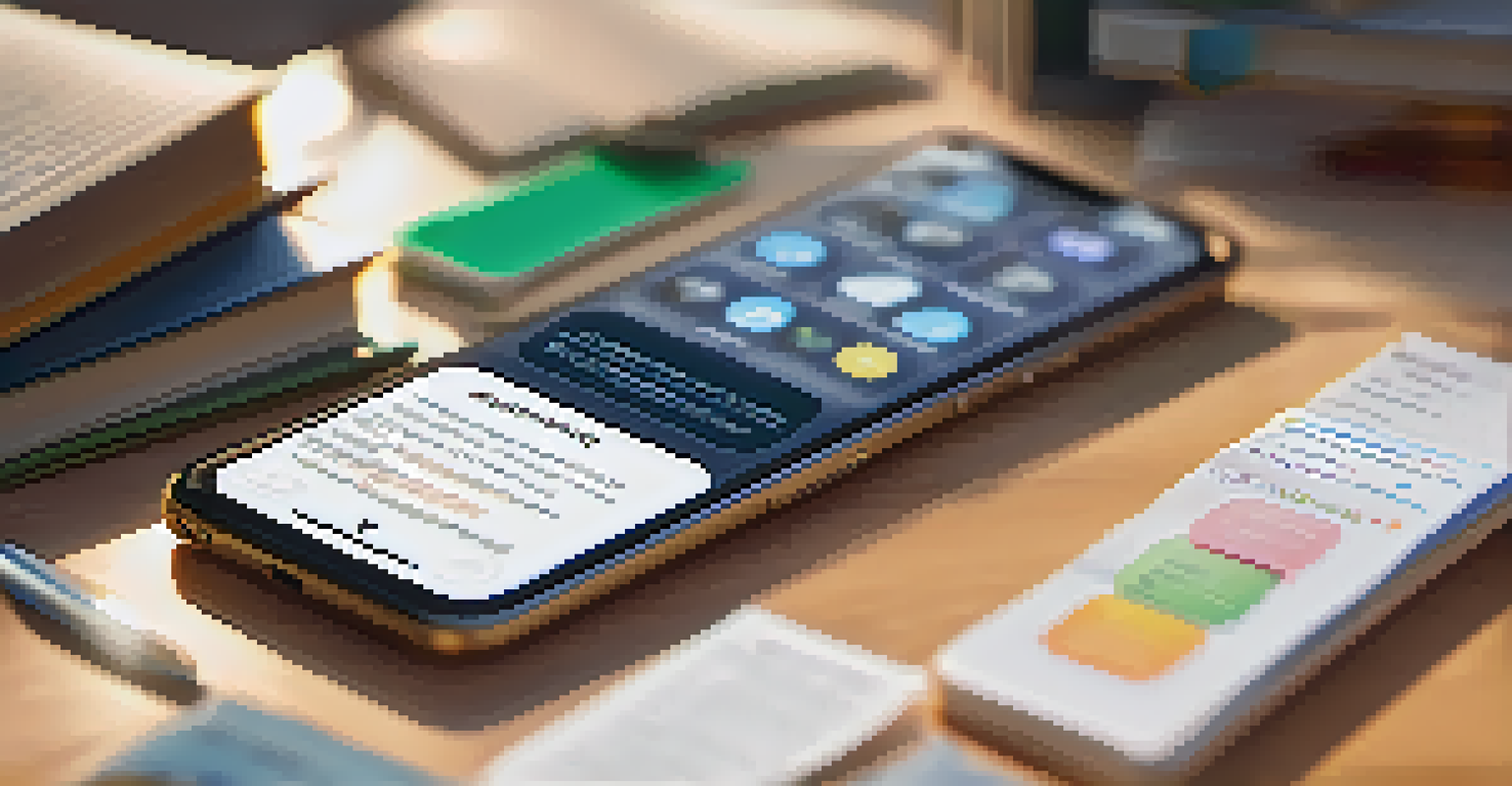 A smartphone showing a microlearning app, surrounded by flashcards and textbooks in a cozy study setup.