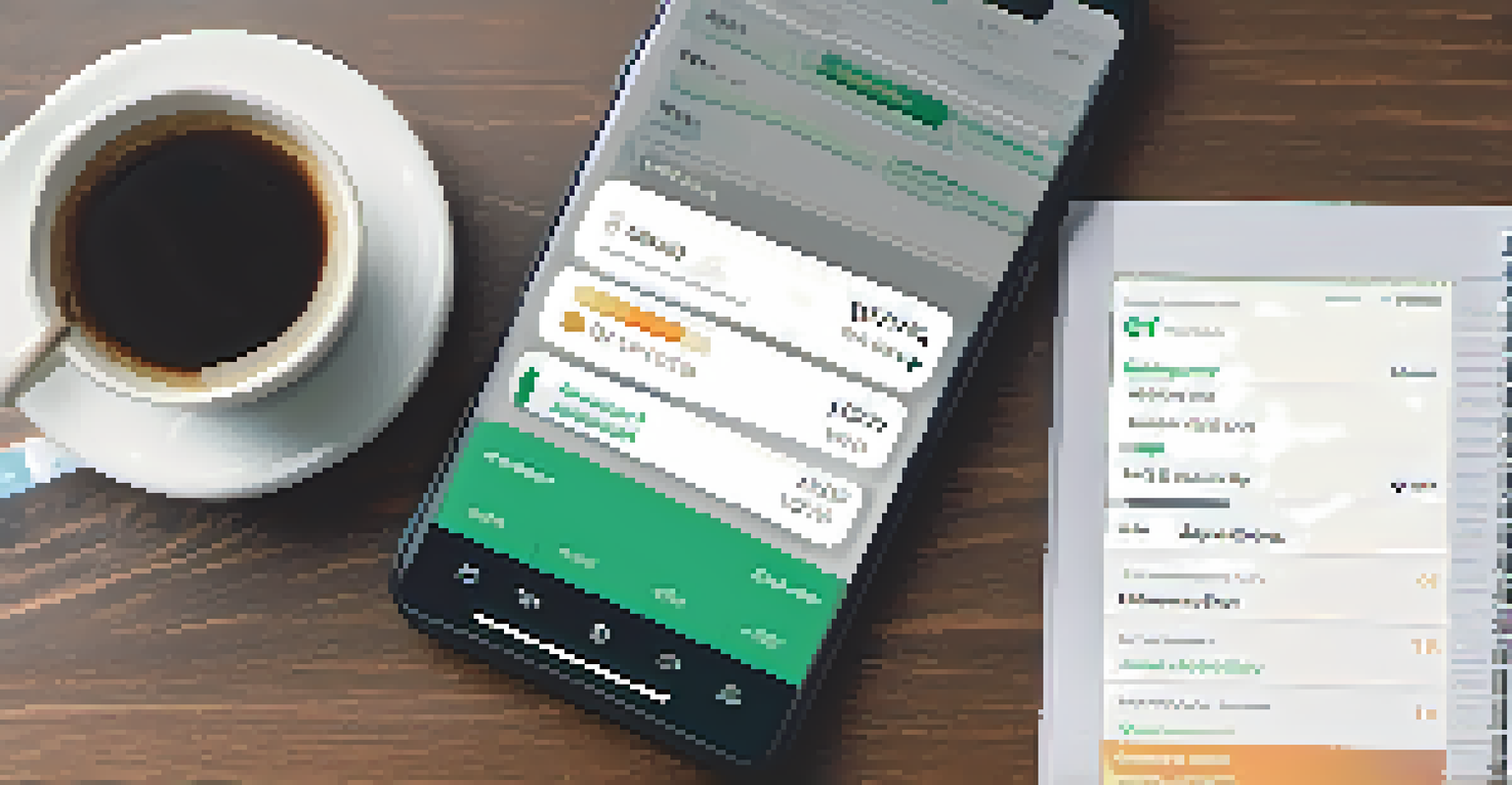 A close-up of a smartphone displaying a financial app, with a blurred background of a person working at a desk.
