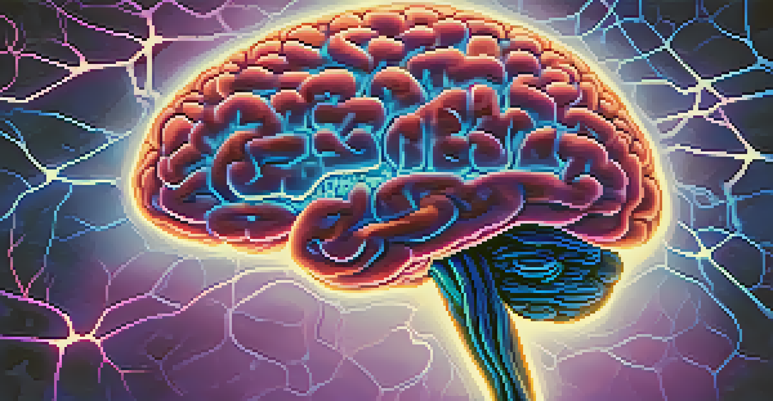 A colorful illustration of a brain with glowing neurons and interconnected synapses on a dark gradient background.