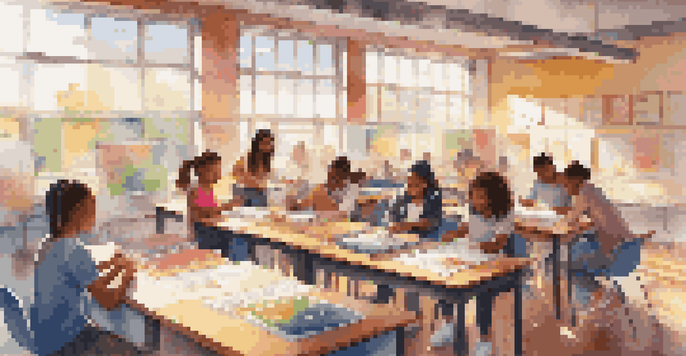 A classroom filled with diverse students working together on a project, with bright sunlight illuminating the space.