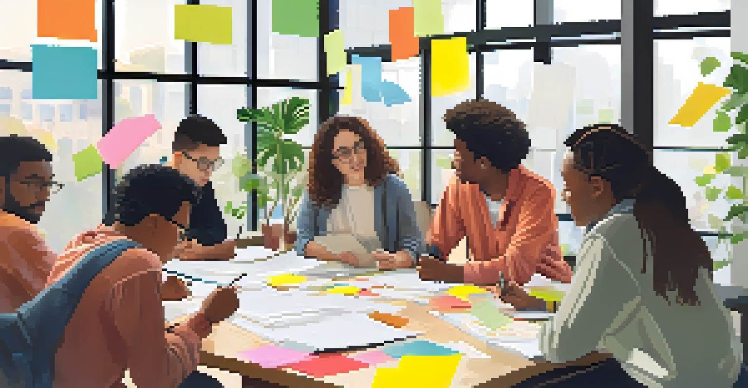 Students collaborating on a project at a table with papers and laptops in a bright, modern room.
