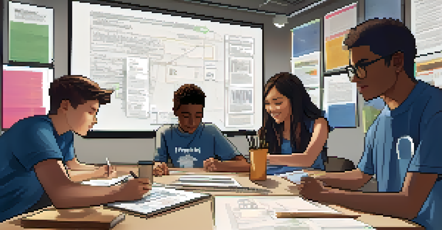 Students gathered around a table, collaborating on a project with laptops and digital devices in a warm, inviting classroom.