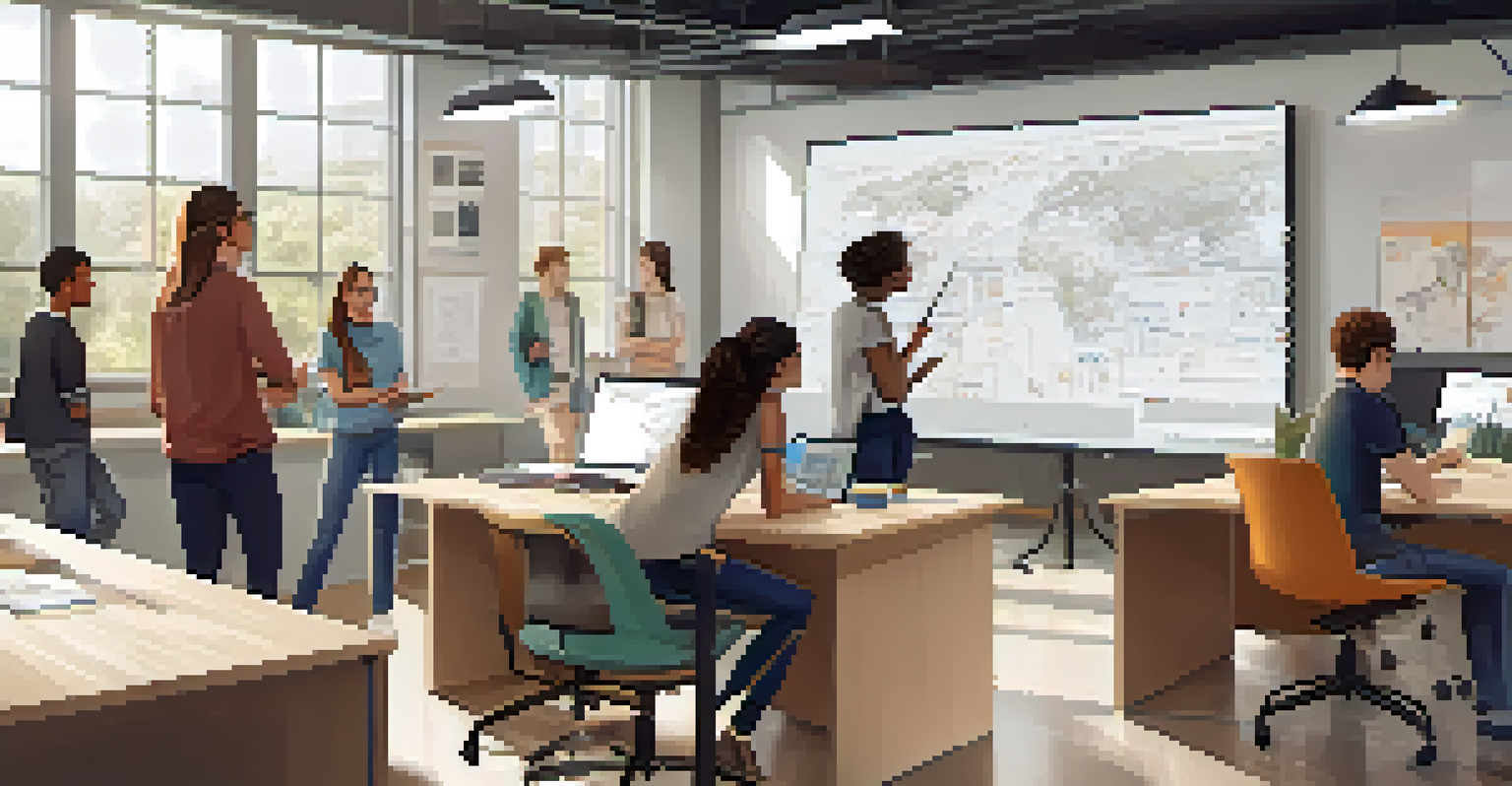 Students working together on an AI project in a modern workspace, filled with sketches and digital devices.