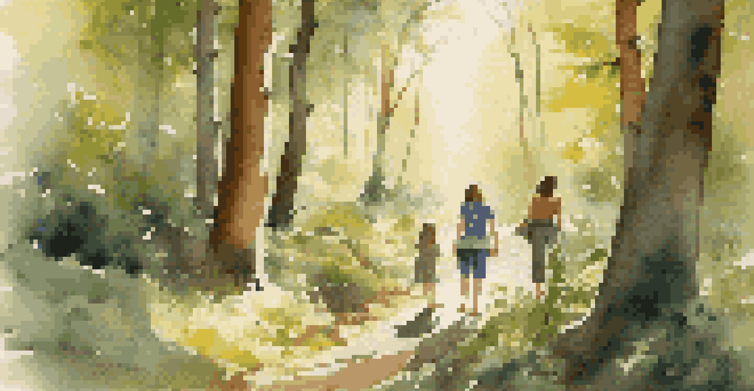 A family exploring a forest during a nature scavenger hunt, looking at a bird in a tree.