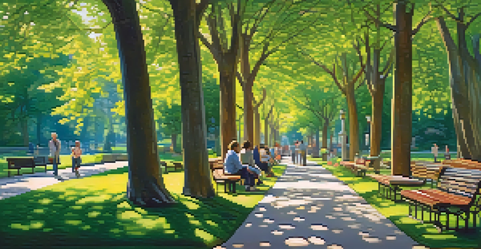 A beautiful park with people walking along a path, surrounded by blooming flowers and tall trees, creating a peaceful and community-oriented atmosphere.