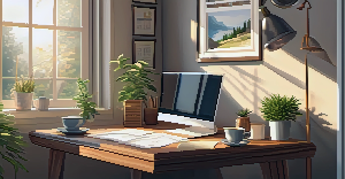 A cozy home office with a wooden desk, laptop, coffee cup, and a potted plant, illuminated by warm sunlight.