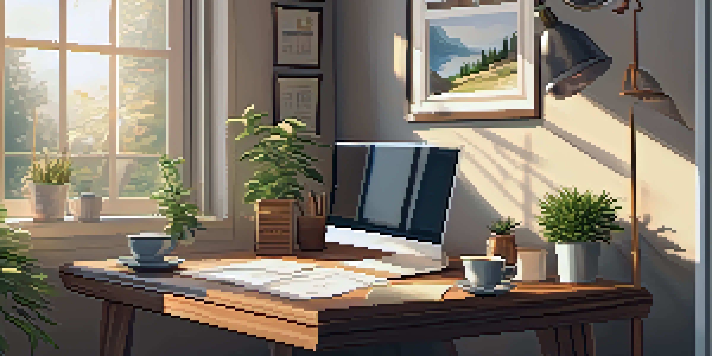 A cozy home office with a wooden desk, laptop, coffee cup, and a potted plant, illuminated by warm sunlight.