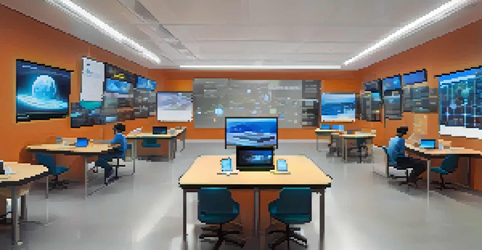 Students using virtual reality headsets in a modern classroom to simulate business scenarios, surrounded by advanced technology and interactive displays.