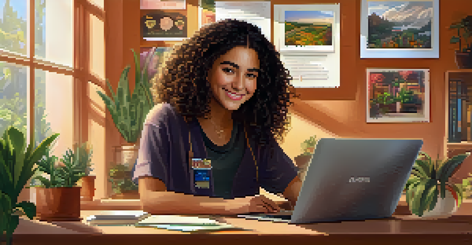A young Hispanic woman smiling as she shows her digital badges on a laptop screen, surrounded by books and plants in a cozy study space.