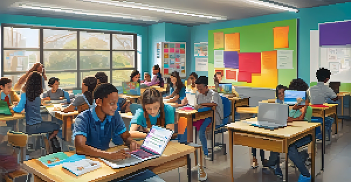 A diverse group of students in a bright classroom using laptops and tablets for social media learning, with a teacher guiding them.